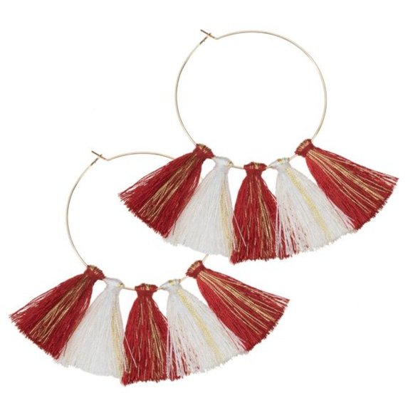 Red and White Tassel Hoop Earrings - Picture 1 of 11